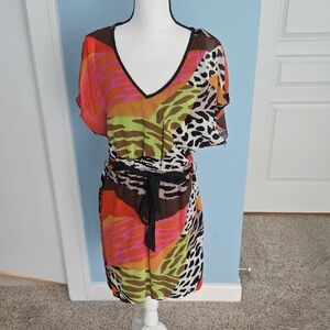 Trina Turk Bold Animal Print Patterned Silk Lined Summer Belted Dress 10